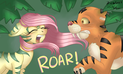 Size: 1656x1007 | Tagged: safe, artist:lamentedmusings, imported from derpibooru, fluttershy, big cat, pony, tiger, alternate timeline, assertive fluttershy, chrysalis resistance timeline, eyes closed, female, roar, roar (song), solo, tribalshy