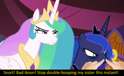 Size: 1280x786 | Tagged: safe, edit, imported from derpibooru, screencap, princess celestia, princess luna, pony, a royal problem, angry, boop, boop edit, bronybait, cute, double boop, hand, meta, noseboop, snorting