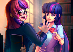 Size: 1400x990 | Tagged: safe, artist:bakki, imported from derpibooru, moondancer, twilight sparkle, human, blue hair, blushing, book, bookshelf, bowtie, clothes, commission, duo, evening, eyelashes, fanfic, fanfic art, female, glasses, humanized, indoors, lesbian, library, light skin, long hair, looking back, multicolored hair, open mouth, pink hair, pointing, purple hair, red hair, shipping, short hair, smiling, sweat, twidancer, window