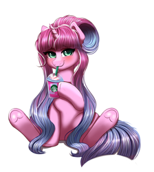 Size: 1670x1866 | Tagged: safe, artist:confetticakez, imported from derpibooru, oc, oc only, oc:sugarlace, pony, unicorn, blushing, female, looking at you, mare, simple background, sitting, solo, starbucks, underhoof, unicorn frappuccino, white background