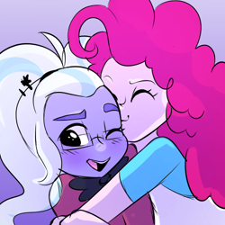 Size: 500x500 | Tagged: safe, artist:little-tweenframes, deleted from derpibooru, imported from derpibooru, pinkie pie, sugarcoat, equestria girls, friendship games, blushing, clothes, cute, diapinkes, female, glasses, kissing, lesbian, one eye closed, shipping, simple background, smiling, sugarpink