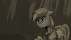 Size: 2439x1372 | Tagged: safe, artist:anticular, imported from derpibooru, oc, oc only, oc:littlepip, pony, unicorn, fallout equestria, fallout equestria illustrated, clothes, female, jumpsuit, mare, monochrome, raised hoof, saddle bag, vault suit