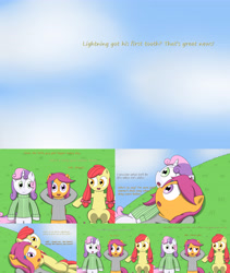 Size: 3840x4554 | Tagged: safe, artist:pvryohei, imported from derpibooru, apple bloom, scootaloo, sweetie belle, pony, comic:ask motherly scootaloo, clothes, comic, grass field, hairpin, motherly scootaloo, sweatshirt