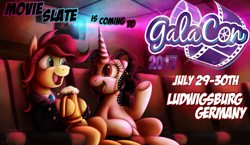 Size: 1250x725 | Tagged: safe, artist:jamescorck, imported from derpibooru, oc, oc only, oc:canni soda, oc:movie slate, earth pony, pony, unicorn, alcohol, beer, female, galacon, galacon 2017, mare