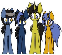 Size: 2053x1825 | Tagged: safe, artist:nekro-led, imported from derpibooru, oc, oc only, oc:cobalt, oc:golden glow, oc:pierce, oc:shimmer, alicorn, pegasus, pony, unicorn, :t, beard, colored wings, colored wingtips, facial hair, family, female, goatee, grin, male, mare, raised eyebrow, scar, simple background, smiling, smirk, squee, stallion, white background, winged unicorn