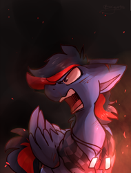 Size: 1024x1349 | Tagged: safe, artist:crownedspade, imported from derpibooru, oc, oc only, oc:dj scratchjack, pegasus, pony, dog tags, fire, male, solo, stallion