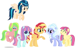 Size: 1303x836 | Tagged: safe, artist:sarahgdo, imported from derpibooru, indigo zap, lemon zest, sour sweet, sugarcoat, sunny flare, sunset shimmer, earth pony, pegasus, pony, unicorn, equestria girls ponified, eyes closed, female, mare, ponified, shadow five