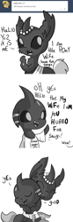 Size: 1584x4752 | Tagged: safe, artist:tjpones, imported from derpibooru, oc, oc only, oc:changeling husband, oc:pistachio, changeling, horse wife, ask, broken english, changeling oc, clothes, comic, cute, cuteling, dialogue, grayscale, jewelry, monochrome, necklace, pearl necklace, pretending, shirt, simple background, snugglo, suspiciously specific denial, t-shirt, tape, tumblr, white background, white changeling