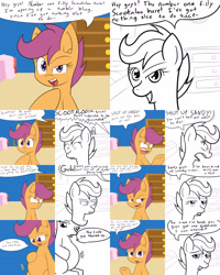 Size: 2560x3200 | Tagged: safe, artist:jake heritagu, imported from derpibooru, scootaloo, oc, oc:sandy hooves, pony, ask pregnant scootaloo, ask, bed, comic, dresser, female, filly, kicking, offscreen character, pillow, pregnant, pregnant scootaloo, teen pregnancy, tumblr