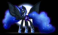Size: 1450x878 | Tagged: safe, artist:inspiredpixels, imported from derpibooru, nightmare moon, alicorn, pony, butt, female, grin, looking back, plot, smiling, solo, spread wings, wings