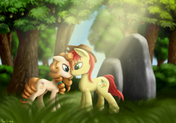 Size: 5000x3500 | Tagged: safe, artist:pony-stark, imported from derpibooru, bright mac, pear butter, earth pony, pony, the perfect pear, absurd resolution, brightbutter, eye reflection, female, floppy ears, grass, hat, looking at each other, male, mare, outdoors, reflection, rock, shipping, signature, smiling, stallion, standing, straight, sunlight, tree