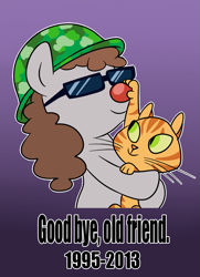 Size: 723x1000 | Tagged: safe, artist:madmax, imported from derpibooru, oc, oc only, oc:sarge sprinkles, cat, earth pony, pony, gradient background, helmet, male, ponysona, red nose, rest in peace, smiling, stallion, sunglasses