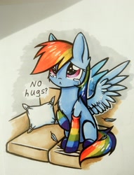 Size: 3145x4109 | Tagged: safe, artist:dark lightning, artist:dorkmark, imported from derpibooru, rainbow dash, pegasus, pony, :<, cheek fluff, chest fluff, clothes, crying, cute, dashabetes, dialogue, ear fluff, feather, female, hnnng, hug request, hugs needed, looking up, mare, pillow, rainbow socks, raised hoof, sad, shoulder fluff, sitting, socks, solo, spread wings, striped socks