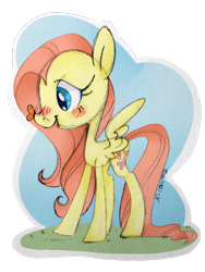 Size: 960x1280 | Tagged: safe, artist:psicommander, imported from derpibooru, fluttershy, butterfly, pony, female, insect on nose, looking at something, open mouth, profile, smiling, solo, spread wings, standing, sticker, traditional art, wings