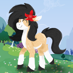 Size: 2240x2232 | Tagged: safe, artist:euspuche, imported from derpibooru, oc, oc only, oc:liliya krasnyy, earth pony, pony, background pony, eyes closed, female, flower, flower in hair, happy, mare, nature, outdoors, solo