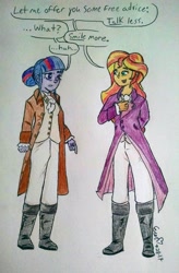 Size: 2432x3703 | Tagged: safe, artist:erenerakhard, artist:erynerikard, derpibooru exclusive, imported from derpibooru, sunset shimmer, twilight sparkle, equestria girls, aaron burr, aaron burr sir, alexander hamilton, clothes, hamilton, traditional art