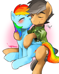 Size: 1280x1600 | Tagged: safe, artist:kogarasumaru24, imported from derpibooru, quibble pants, rainbow dash, pony, arms on shoulders, blushing, clothes, cute, dashabetes, eyes closed, female, kissing, love, male, quibbledash, shipping, smiling, straight