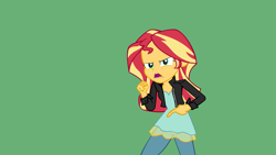 Size: 2560x1440 | Tagged: safe, artist:ngrycritic, imported from derpibooru, sunset shimmer, equestria girls, clothes, female, green background, green screen, jacket, just do it, leather jacket, looking at you, meme, motivational speech, open mouth, shia labeouf, simple background, solo, vector