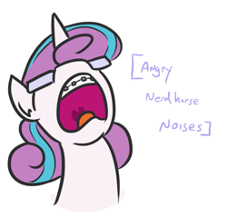 Size: 523x503 | Tagged: safe, artist:jargon scott, imported from derpibooru, princess flurry heart, alicorn, pony, angry, angry horse noises, braces, bust, descriptive noise, female, glasses, horse noises, mare, nerd, nerdy heart, older, open mouth, portrait, screaming, simple background, solo, white background