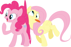 Size: 3571x2371 | Tagged: safe, artist:porygon2z, imported from derpibooru, fluttershy, pinkie pie, pony, dragonshy, cartoon physics, simple background, tongue out, transparent background, vector