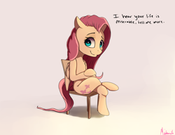 Size: 1900x1460 | Tagged: safe, artist:miokomata, imported from derpibooru, fluttershy, pegasus, pony, chair, dialogue, female, looking at you, mare, sitting, smiling, solo