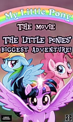 Size: 796x1336 | Tagged: safe, imported from derpibooru, pinkie pie, rainbow dash, twilight sparkle, alicorn, pony, my little pony: the movie, 1986, g1, hasbro logo, retro, style emulation, twilight sparkle (alicorn), vhs