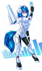 Size: 957x1604 | Tagged: safe, artist:jay-kuro, imported from derpibooru, dj pon-3, vinyl scratch, anthro, unguligrade anthro, unicorn, female, futuristic, gun, mare, mecha, solo, visor, weapon