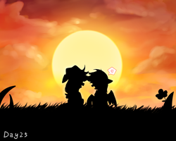 Size: 1280x1024 | Tagged: safe, artist:irenla, imported from derpibooru, applejack, rainbow dash, pony, appledash, cowboy hat, female, grass, hat, lesbian, scenery, shipping, silhouette, sitting, stetson, sunset