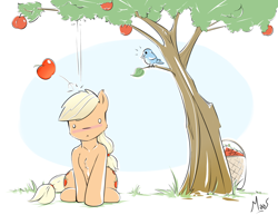 Size: 3000x2321 | Tagged: safe, artist:sea-maas, imported from derpibooru, applejack, bird, earth pony, pony, apple, apple tree, female, food, hatless, mare, missing accessory, simple background, sitting, solo, tree