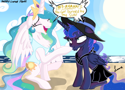 Size: 4823x3445 | Tagged: safe, artist:darkest-lunar-flower, imported from derpibooru, princess celestia, princess luna, alicorn, pony, beach, belly button, bikini, celestia is amused, chest fluff, clothes, female, frown, glare, hat, hilarious in hindsight, imminent pain, laughing, luna is not amused, mare, messy mane, ocean, one-piece swimsuit, royal sisters, sarong, sitting, skirt, sun hat, sunburn, swimsuit, top, unamused, varying degrees of amusement