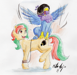 Size: 2771x2701 | Tagged: safe, artist:victorydanceofficial, imported from derpibooru, oc, oc only, oc:aerie rufter, oc:gyro feather, oc:gyro tech, griffon, falconry hood, griffonized, species swap, traditional art