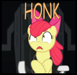 Size: 768x749 | Tagged: safe, artist:eagle1division, imported from derpibooru, apple bloom, earth pony, pony, comic:applebloom's big haul, animal noises, apple bloom's bow, bow, cockpit, crossed hooves, crossover, descriptive noise, elite dangerous, female, filly, g-force, great moments in vectoring, hair bow, honk, open mouth, seatbelt, shrunken pupils, solo, spaceship, wide eyes