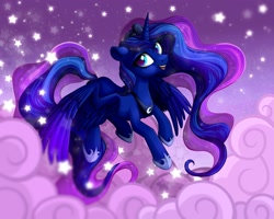 Size: 2500x2000 | Tagged: dead source, safe, artist:vird-gi, imported from derpibooru, princess luna, alicorn, pony, cloud, female, flying, mare, open mouth, solo, stars