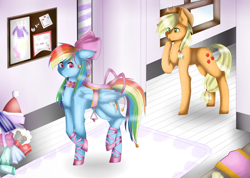 Size: 1024x731 | Tagged: safe, artist:rapqeen, imported from derpibooru, applejack, rainbow dash, pony, amused, ballet slippers, bells, blushing, bound wings, bow, choker, embarrassed, floppy ears, girly, hair bow, rainbow dash always dresses in style, saddle, stirrups, tack, tail bow, tomboy taming