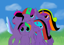 Size: 2048x1428 | Tagged: safe, artist:ghost3641, imported from derpibooru, oc, oc only, oc:arco wave, oc:dark crescendo, oc:gradient joy, oc:midnight rose, oc:violet clef, alicorn, pony, unicorn, alicorn oc, colored wings, group, group photo, offspring, one eye closed, parent:oc:amellia rose, parent:oc:midnight coda, parents:oc x oc, siblings, wink