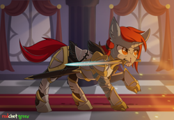 Size: 2180x1500 | Tagged: safe, artist:redchetgreen, imported from derpibooru, oc, oc only, oc:corentin, pony, unicorn, armor, blood, commission, confrontation, male, mouth hold, raised hoof, solo, sword, weapon, ych result