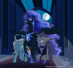 Size: 1000x924 | Tagged: safe, artist:omny87, imported from derpibooru, nightmare moon, oc, oc:ice, oc:verlo streams, alicorn, pegasus, pony, unicorn, full moon, grin, hallway, leering, mare in the moon, moon, skylight, smiling, smirk, tapestry