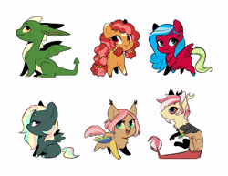 Size: 3300x2550 | Tagged: safe, artist:kianamai, imported from derpibooru, oc, oc only, oc:blu, oc:cinnamon crisp, oc:cry baby, oc:europa (draconequus), oc:gloria, oc:sparkler, draconequus, dragon, earth pony, pegasus, pony, chest fluff, lidded eyes, looking back, ponysona, simple background, sitting, smiling, spread wings, white background, wings