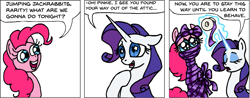 Size: 915x357 | Tagged: safe, artist:gingerfoxy, imported from derpibooru, pinkie pie, rarity, earth pony, pony, unicorn, pony comic generator, bondage, comic, glowing, glowing horn, horn, magic, mummification, mummified, ribbon, telekinesis