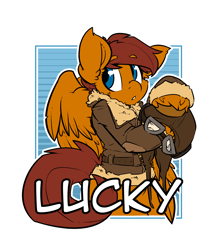 Size: 2100x2400 | Tagged: safe, artist:bbsartboutique, imported from derpibooru, oc, oc only, oc:lucky, pegasus, pony, badge, bomber jacket, clothes, con badge, flying helmet, goggles, jacket, looking away, pilot, solo, wings