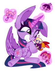 Size: 900x1200 | Tagged: safe, artist:yanderesweet, imported from derpibooru, twilight sparkle, alicorn, pony, blossom (powerpuff girls), bubbles (powerpuff girls), buttercup (powerpuff girls), cute, female, glowing horn, grin, magic, plushie, simple background, smiling, solo, tara strong, telekinesis, the powerpuff girls, transparent background, twiabetes, twilight sparkle (alicorn), voice actor joke