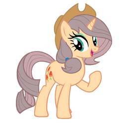 Size: 1500x1500 | Tagged: safe, artist:enzomersimpsons, imported from derpibooru, applejack, rarity, oc, oc:bell fruit, pony, unicorn, female, fusion, mare, open mouth, raised hoof, simple background, solo, white background