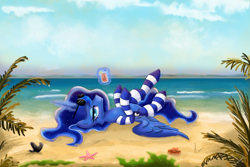 Size: 3000x2000 | Tagged: safe, artist:shogundun, imported from derpibooru, princess luna, alicorn, crab, pony, starfish, beach, clothes, cloud, female, glowing horn, looking at you, magic, ocean, on back, relaxing, sky, smiling, socks, solo, striped socks, sunglasses, telekinesis