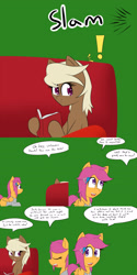 Size: 1600x3200 | Tagged: safe, artist:jake heritagu, imported from derpibooru, scootaloo, oc, oc:sandy hooves, pony, comic:ask motherly scootaloo, book, comic, couch, hairpin, motherly scootaloo, sweatshirt
