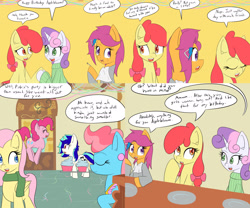 Size: 2400x2000 | Tagged: safe, artist:jake heritagu, imported from derpibooru, apple bloom, cup cake, dj pon-3, fluttershy, pinkie pie, scootaloo, sweetie belle, vinyl scratch, pony, ask dj pon3, comic:ask motherly scootaloo, ask-friendlyshy, birthday party, clothes, comic, cupcake, food, hairpin, motherly scootaloo, napkin, party, plate, sugarcube corner, sweatshirt, table