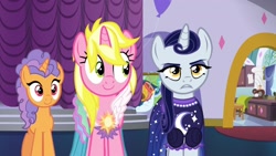 Size: 1920x1080 | Tagged: safe, imported from derpibooru, screencap, moonlight raven, pretzel twist, sunshine smiles, pony, unicorn, canterlot boutique, clothes, dress, female, goth pony, mare, over the moon, trio, tripping the light