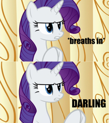 Size: 512x576 | Tagged: safe, artist:paintanon, edit, edited screencap, imported from derpibooru, screencap, rarity, pony, unicorn, applejack's "day" off, boi, darling, impact font, inhale, meme, misspelling, rarity is not amused, reaction image, unamused
