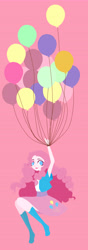 Size: 3241x9193 | Tagged: safe, artist:夏之™, imported from derpibooru, pinkie pie, human, absurd resolution, balloon, boots, clothes, cute, equestria girls outfit, female, floating, humanized, pixiv, shoes, simple background, skirt, solo, then watch her balloons lift her up to the sky