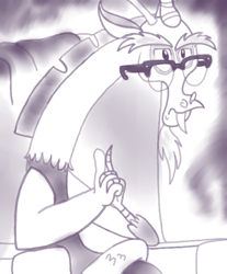 Size: 604x731 | Tagged: safe, artist:starlightglummer, imported from derpibooru, discord, glasses, male, monochrome, solo