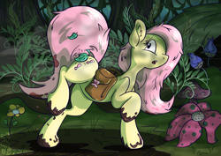 Size: 1280x905 | Tagged: safe, artist:rainihorn, imported from derpibooru, fluttershy, pegasus, pony, dappled sunlight, everfree forest, female, flower, mare, mud, saddle bag, solo